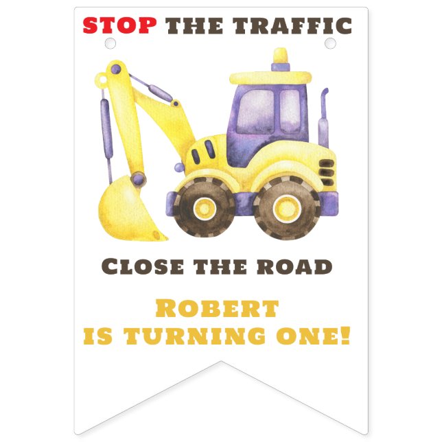 Construction Truck Excavator Birthday Party Bunting Flags (First Flag)