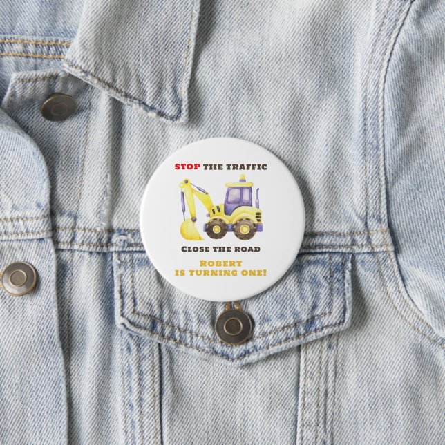 Construction Truck Excavator Birthday Party Button (In Situ)