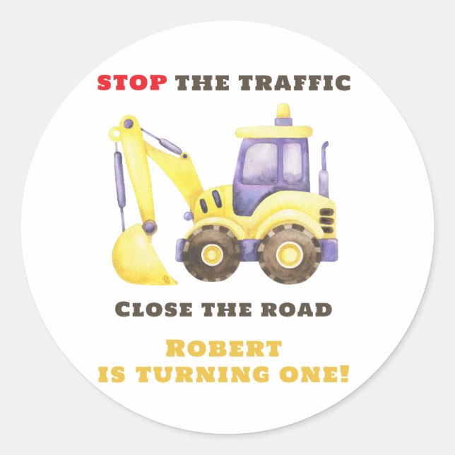 Construction Truck Excavator Birthday Party Classic Round Sticker (Front)