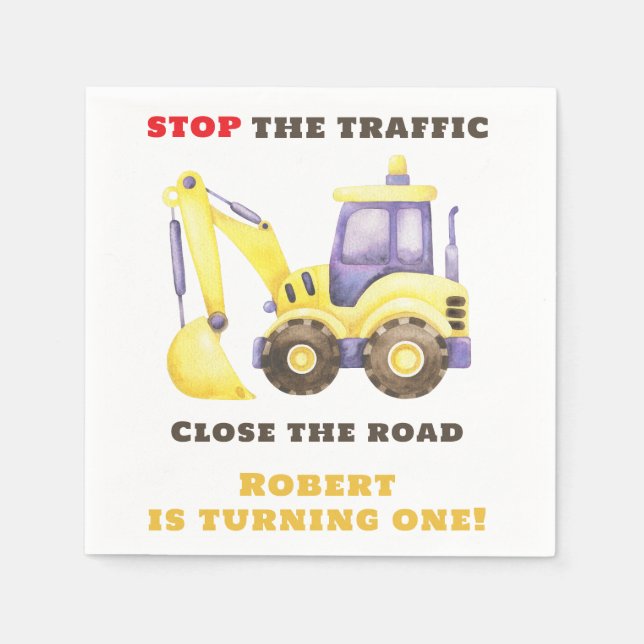 Construction Truck Excavator Birthday Party Napkins (Front)