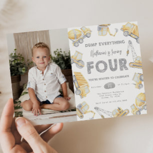 Construction Truck FOUR 4th Birthday Party Invitation