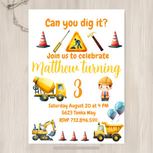 Construction truck kids birthday invitation