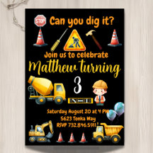 Construction truck kids birthday invitation