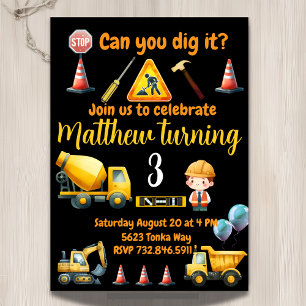 Construction truck kids birthday invitation
