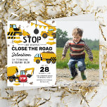 Construction Truck Kids Birthday Party Photo Invitation<br><div class="desc">Construction themed birthday party invitations featuring a simple white background,  a photo of the child,  cute cartoon illustrations of bunting,  stop signs,  a dump truck,  a digger,  a cement truck,  a wrecking ball crane,  splatters of dirt,  and a modern kids birthday celebration template that is easy to personalize.</div>