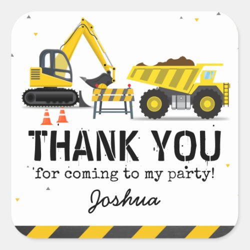 Construction Truck Kids Birthday Party Thank You Square Sticker