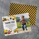 Construction Truck Kids Birthday Photo Thank You Card<br><div class="desc">Construction themed birthday thank you cards featuring a simple white background,  a photo of the child,  cute cartoon illustrations of bunting,  stop signs,  a dump truck,  a digger,  a cement truck,  a wrecking ball crane,  splatters of dirt,  and a modern thank you template that is easy to personalize.</div>