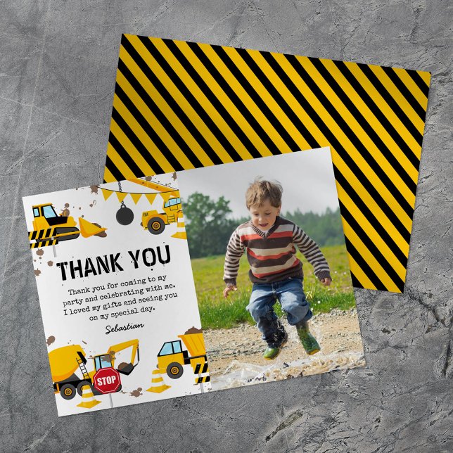 Construction Truck Kids Birthday Photo Thank You Card (Creator Uploaded)