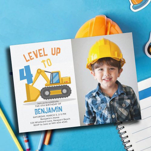 Construction Truck Level Up Photo Boy 4th Birthday Invitation