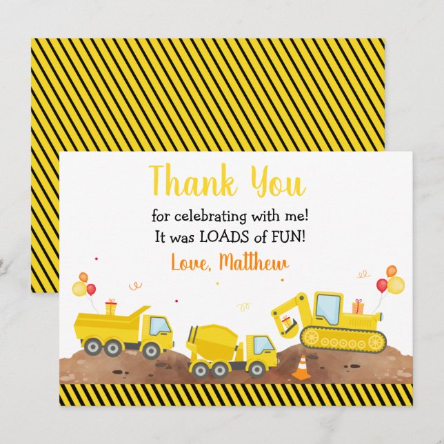 Construction Truck Loads Of Fun Birthday Thank You (Front/Back)