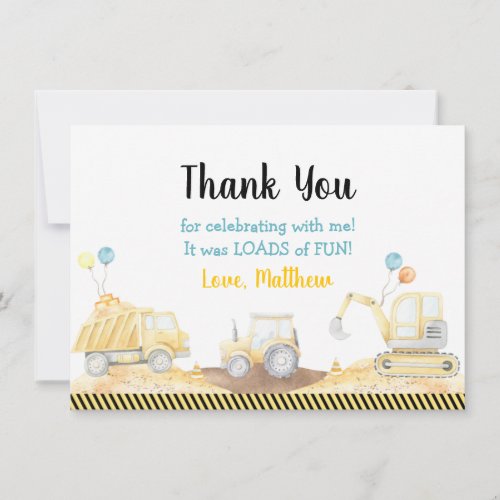 Construction Truck Loads Of Fun Birthday Thank You Card