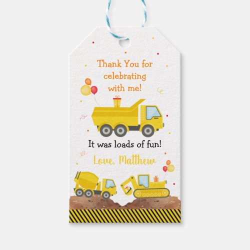 Construction Truck Loads Of Fun Birthday Thank You Gift Tags