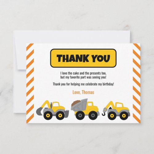 Construction Truck Party Thank You Card
