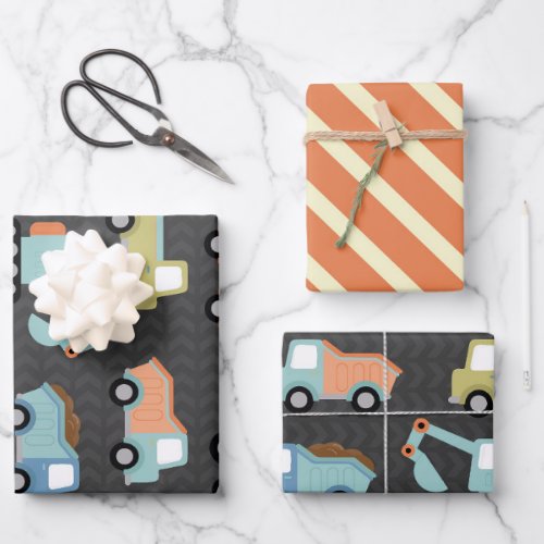 Construction Truck Pattern in Orange Wrapping Paper Sheets