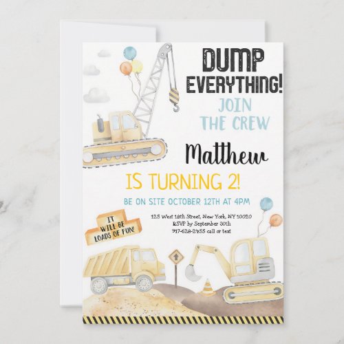 Construction Truck Second Birthday Invitation