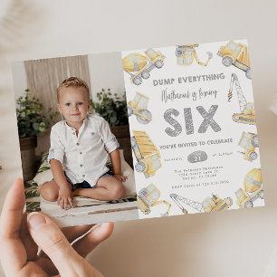 Construction Truck SIX 6th Birthday Party Invitation