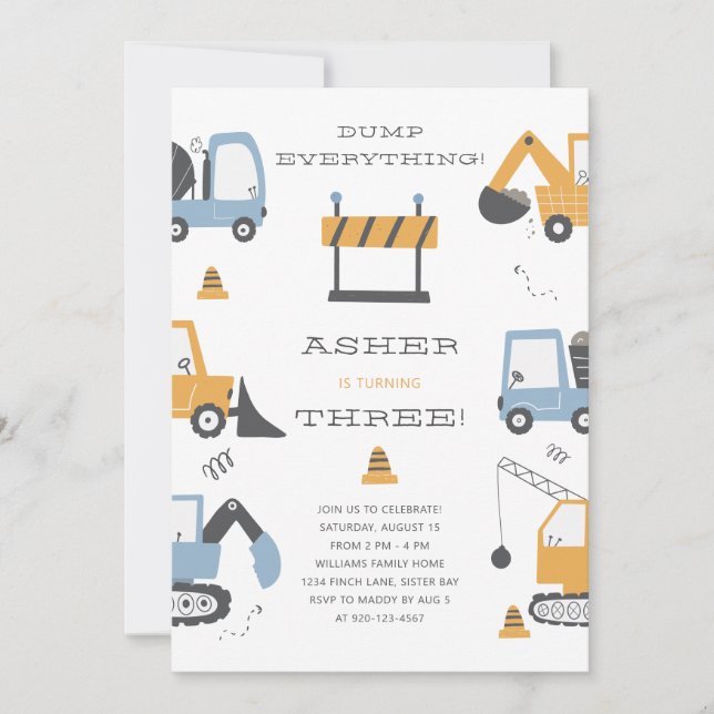 Construction Truck Theme Birthday Party Invitation (Front)