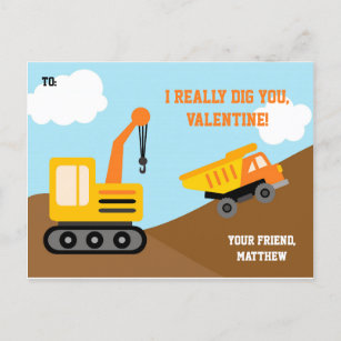 Construction Truck Valentines Day Card Kids (Boys)