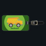 Construction Truck Vehicle Green Yellow Kids Luggage Tag<br><div class="desc">A cool yellow dump truck on a light and then dark green background for a child who likes construction vehicles and cars. Personalize with your toddler or kids name for a cute addition to a children's travel bag.</div>