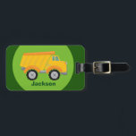 Construction Truck Vehicle Green Yellow Kids Luggage Tag<br><div class="desc">A cool yellow dump truck on a light and then dark green background for a child who likes construction vehicles and cars. Personalize with your toddler or kids name for a cute addition to a children's travel bag.</div>