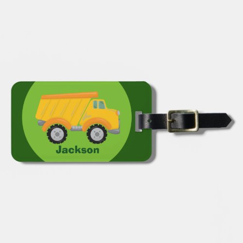 Construction Truck Vehicle Green Yellow Kids Luggage Tag