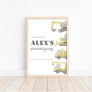Construction Truck Vehicles Boys 1st Birthday Poster
