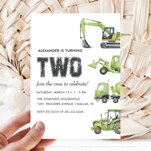 Construction Truck Vehicles Boys 2nd Birthday  Invitation