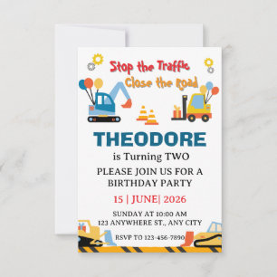 Construction Truck Vehicles Boys 2nd Birthday Thank You Card