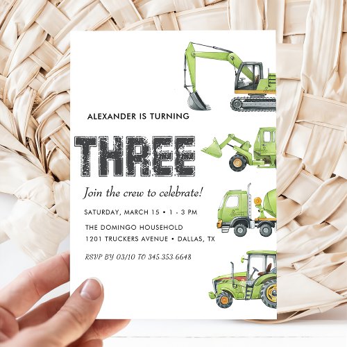 Construction Truck Vehicles Boys 3rd Birthday  Invitation