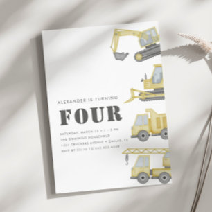 Construction Truck Vehicles Boys 4th Birthday Invitation