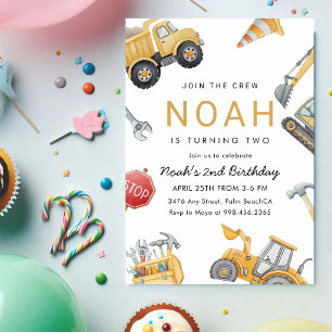 Construction Truck Yellow 2nd Birthday Invitation