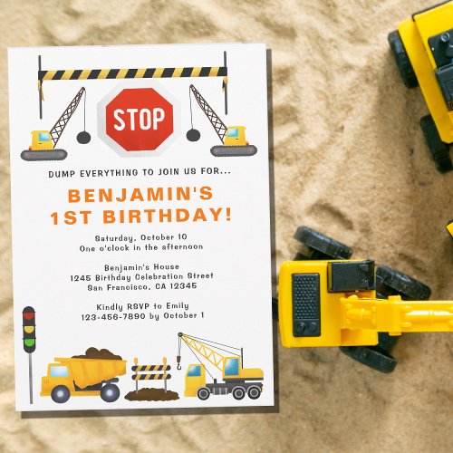 Construction Trucks 1st Birthday Party Invitation