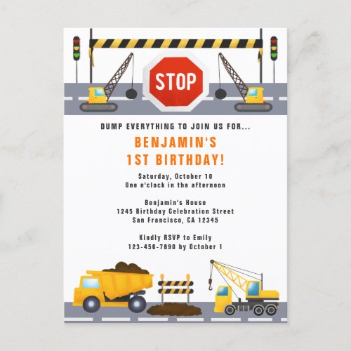 Construction Trucks 1st Birthday Party Invitation Postcard