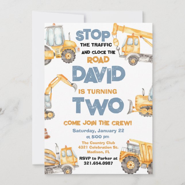 Construction Trucks 2nd Birthday Party Invitation (Front)