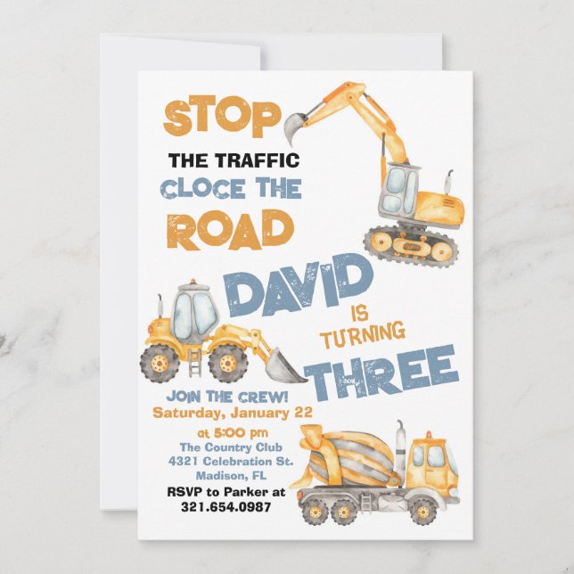 Construction Trucks 3rd Birthday Party Invitation (Front)