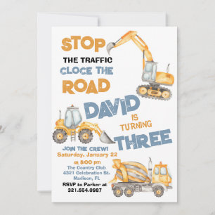 Construction Trucks 3rd Birthday Party Invitation