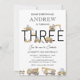 Construction Trucks 3rd Birthday Party Invitation