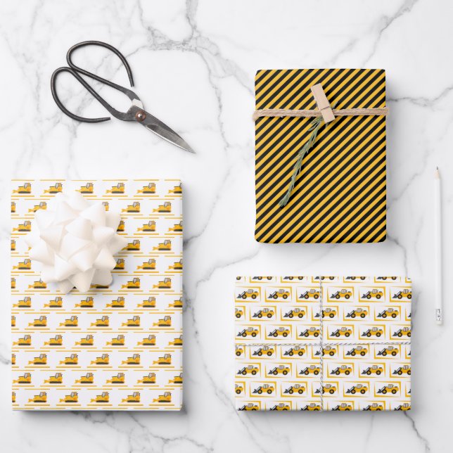 Construction Trucks and Bulldozer Birthday Wrapping Paper Sheets (Front)