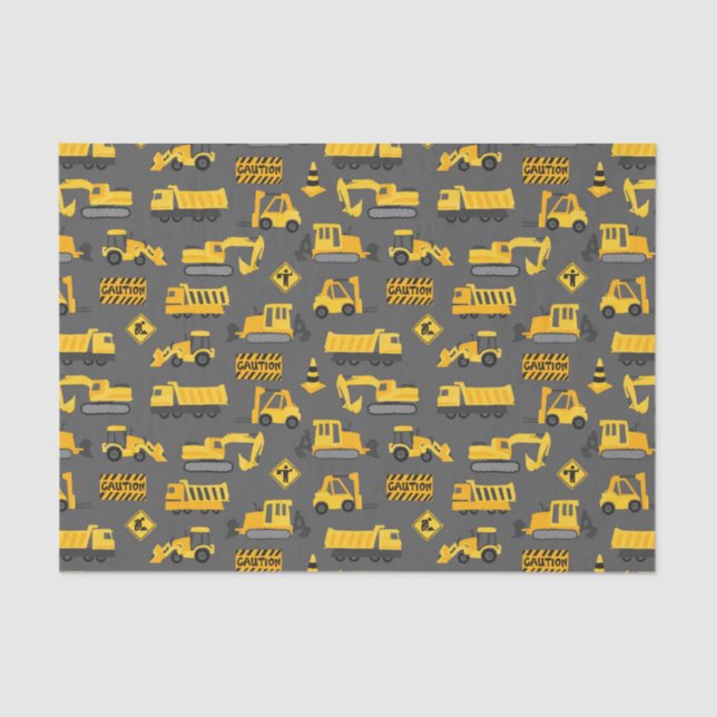Construction Trucks and Signs Pattern Gray Tissue Paper (Front)