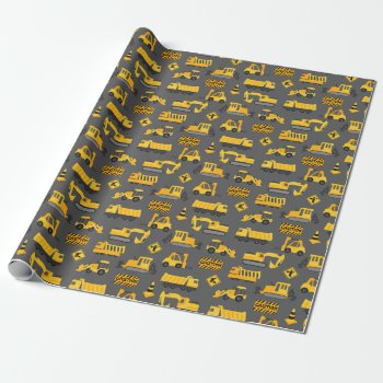 Construction Trucks And Signs Pattern Gray Wrapping Paper by prettypicture at Zazzle
