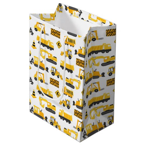 Construction Trucks and Signs Pattern White Medium Gift Bag