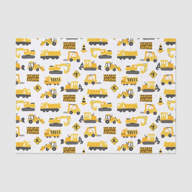 Construction Trucks and Signs Pattern White Tissue Paper (Front)