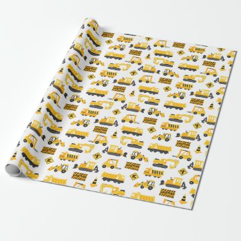 Construction Trucks And Signs Pattern White Wrapping Paper by prettypicture at Zazzle