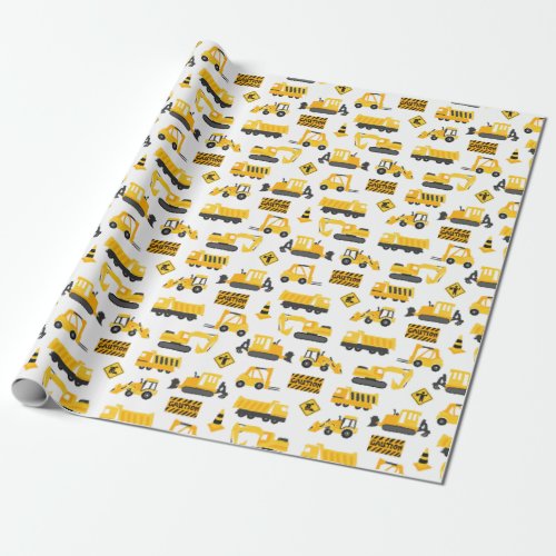 Construction Trucks and Signs Pattern White Wrapping Paper