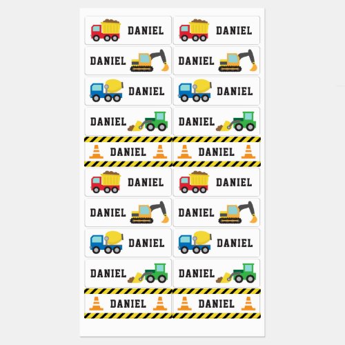 Construction Trucks and Vehicles Personalized Kids Labels