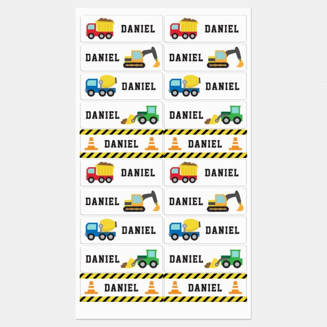 Construction Trucks and Vehicles Personalized Kids' Labels (Sheet)