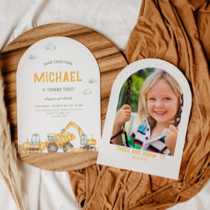 Construction Trucks Arched Birthday Invitation