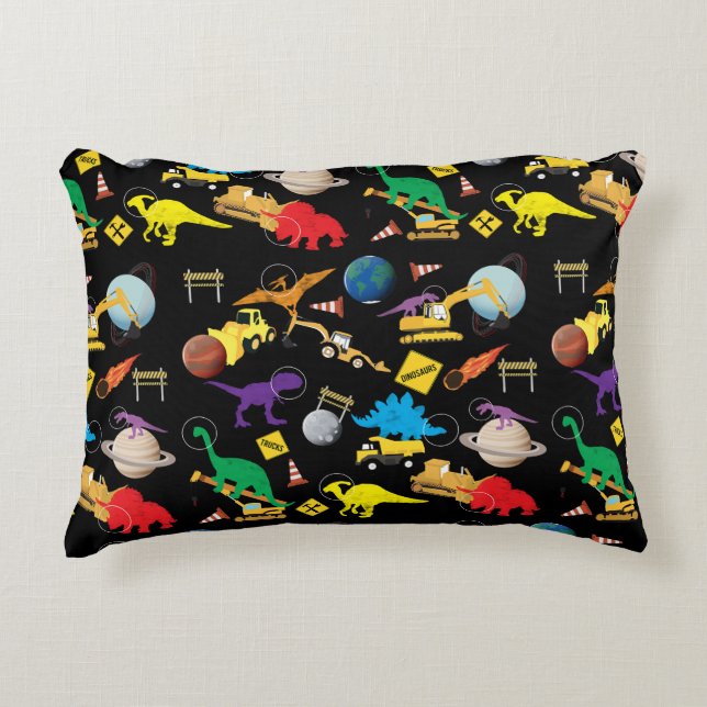 Construction Trucks Astronaut Dinosaurs in Space Accent Pillow (Front)