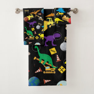 Construction Trucks Astronaut Dinosaurs in Space Bath Towel Set