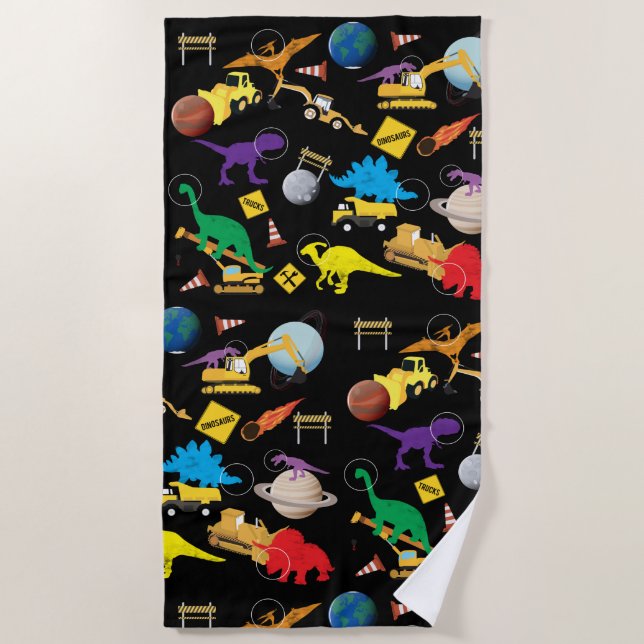 Construction Trucks Astronaut Dinosaurs in Space Beach Towel (Front)